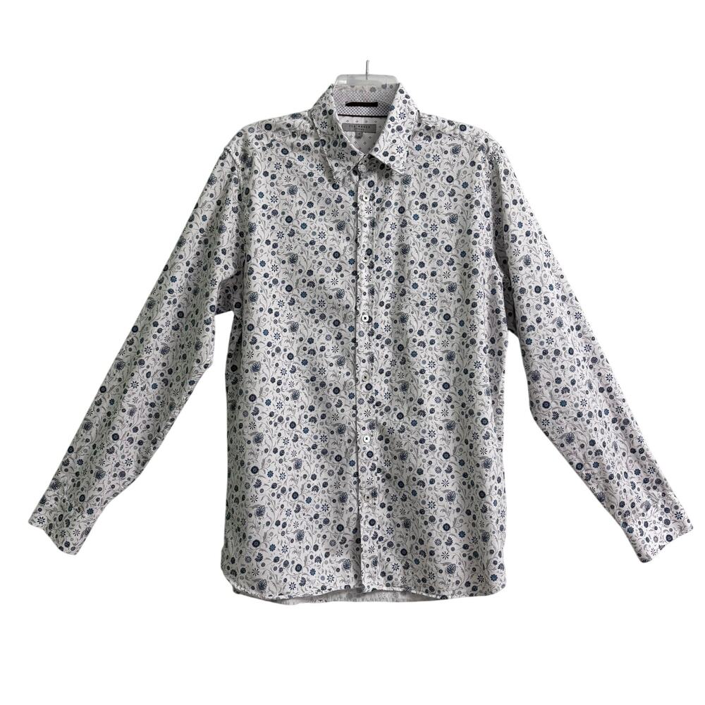 Ted Baker Italian Cotton Blue Paisley Long Sleeve Button Down Cotton Shirt 4 L